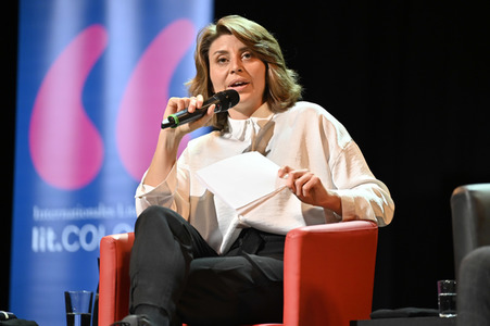 Svenja Flaßpöhler, Michel Friedman und Richard David Precht auf der lit.Cologne 2023 in Köln