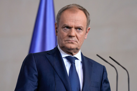 Pressestatement von Emmanuel Macron, Donald Tusk und Olaf Scholz in Berlin