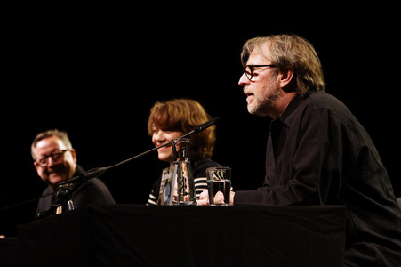 Bjarne Mädel, Angelika Richter und Matthias Brandt auf der lit.Cologne 2024 in Köln
