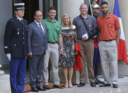 French President Francois Hollande Receives Train Attack Heroes At Elysee Palace