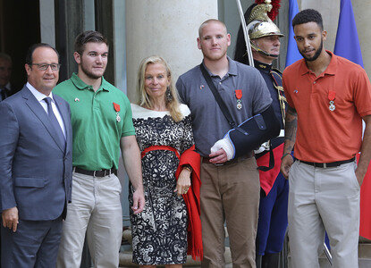 French President Francois Hollande Receives Train Attack Heroes At Elysee Palace