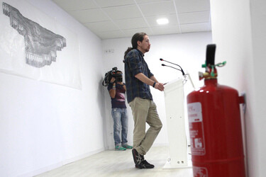 Podemos Political Party first press conference after results in the locals and communities ellection at Podemos Headquarter in Madrid on May 28, w
Podemos Pressekonferenz in Madrid