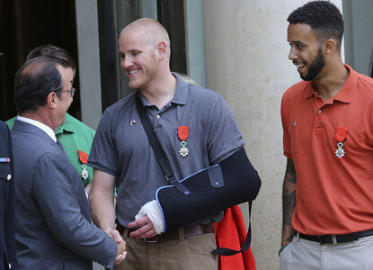 French President Francois Hollande Receives Train Attack Heroes At Elysee Palace
